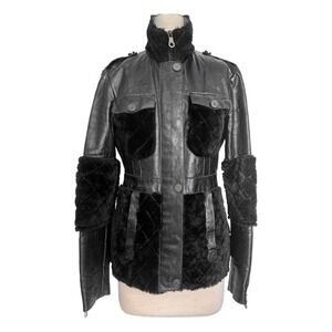Chanel‎ Black Leather Wool Jacket Quilted Trim CC Logo Buttons Size 34